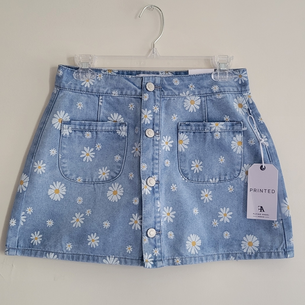 Flying Angel Flower Printed Mini Denim Skirt - Size 5